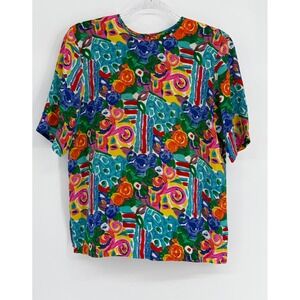Nora Noh 100%‎ Silk Abstract Floral Button Back Short Sleeve Blouse Sz M/L